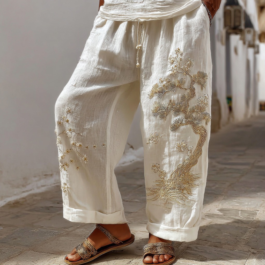 Men's Japanese Pine And Cherry Blossom Casual Linen Pants