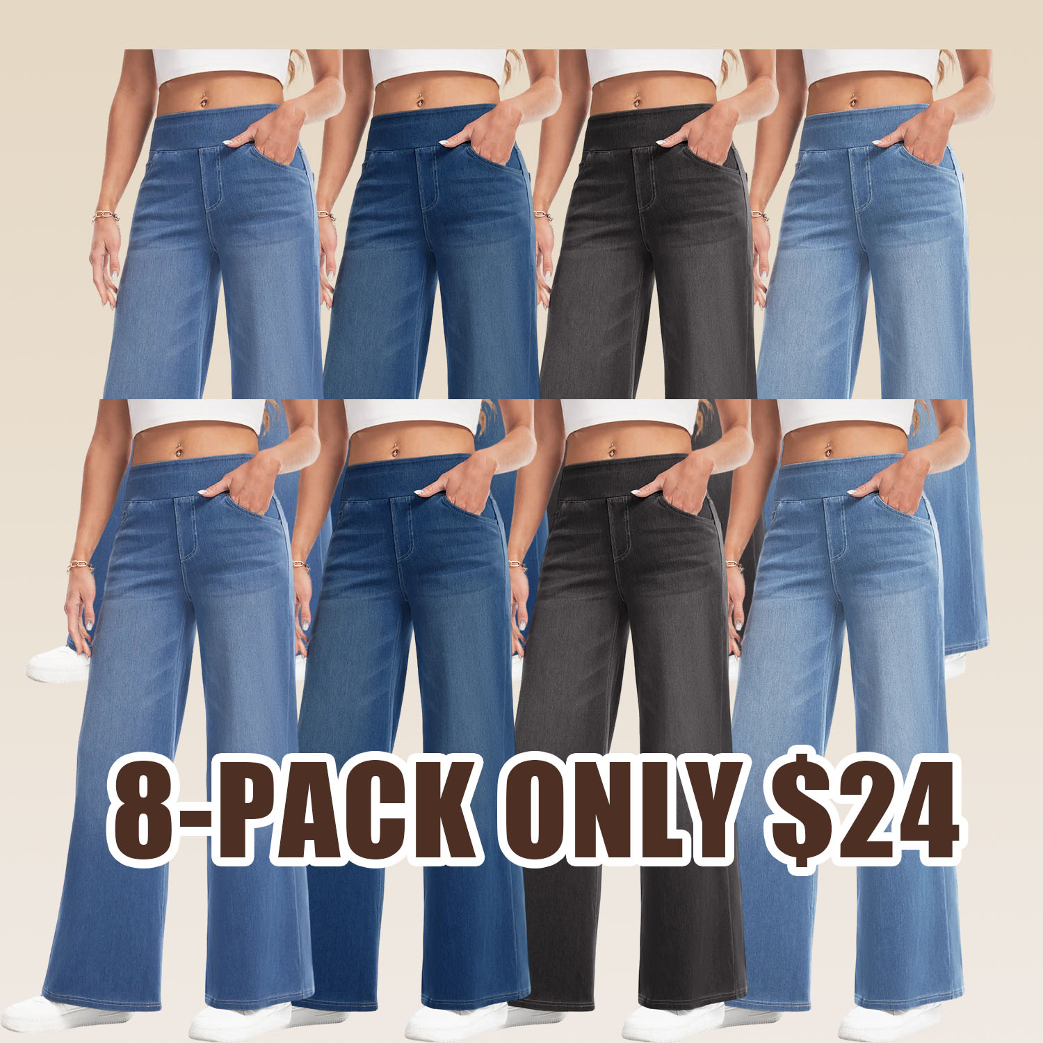 Wide Leg Stretchy Jeans for Women Loose Fit Elastic High Waist Pants Pull On Baggy Fit Jeans Tummy Control Trousers Casual Work Wear (Regular Inseam)