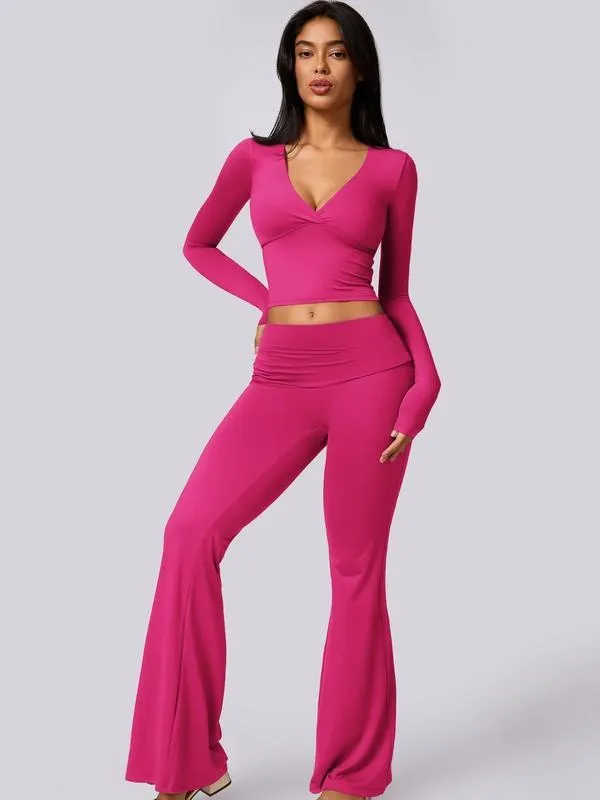 Women's High Elastic Soft V-Collar Flared Pants Set