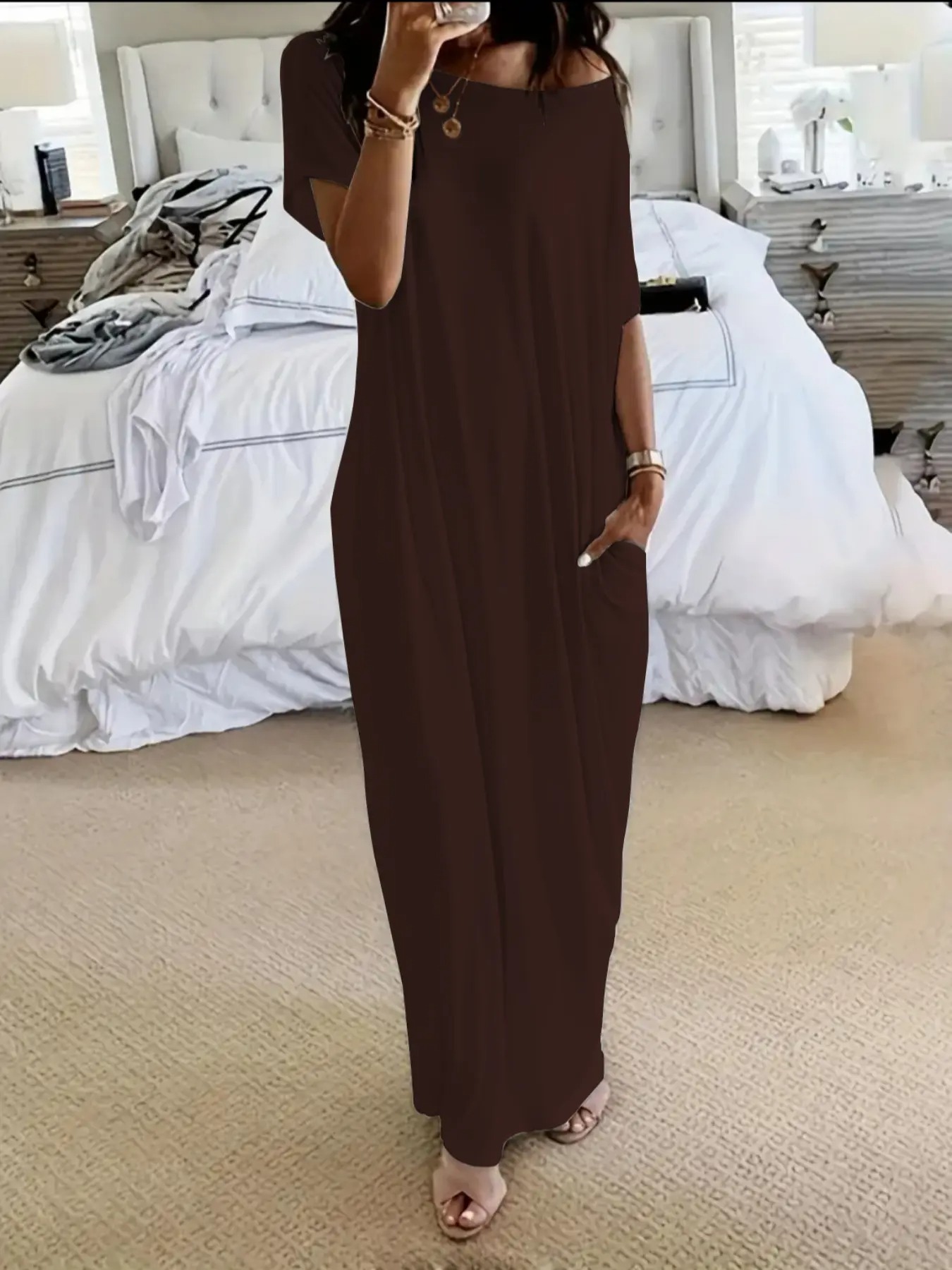 Women’s Relaxed Batwing Maxi Lounge Dress with Pockets