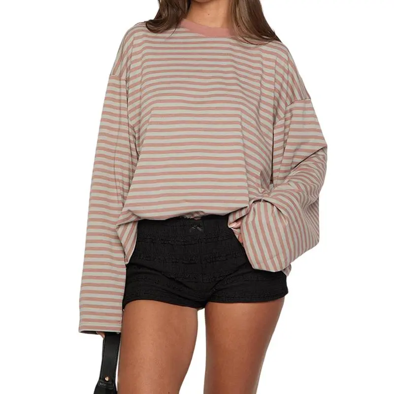 Women Long Sleeve Crew Neck Loose Striped T Shirt