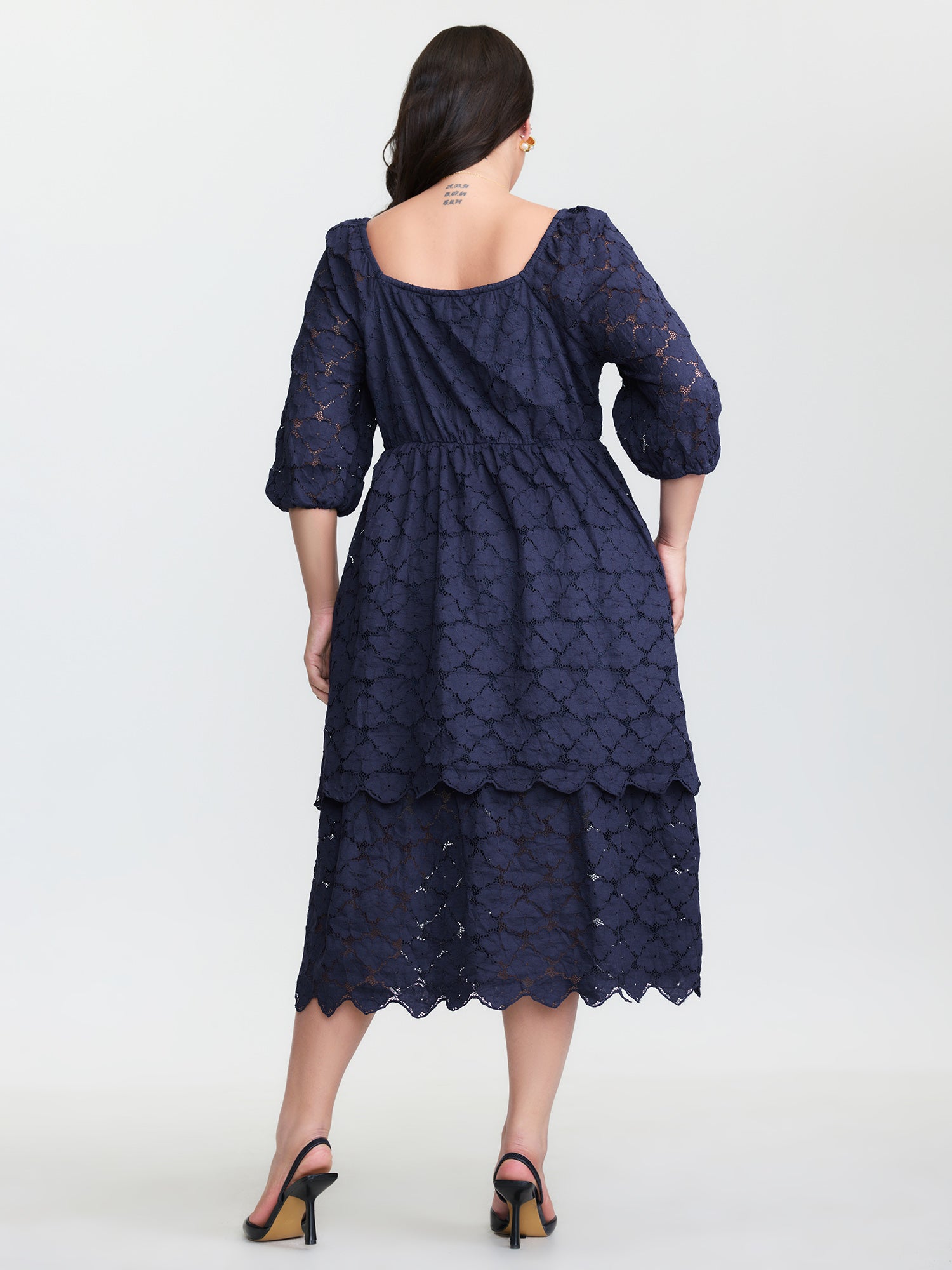 Lace Trim Stretchy Waist Tiered Midi Dress