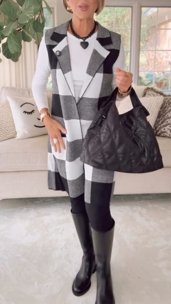 Women Collar Plaid Temperament Casual Long Vest