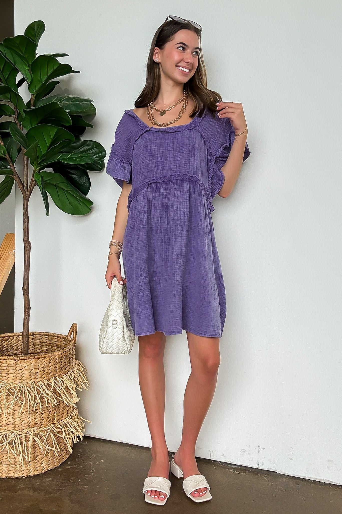 Mineral Washed Square-Neck Ruffle Sleeve Dress