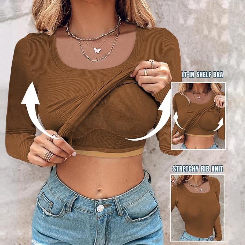 🍂🔥Womens U-Neck Built-in Bra Long Sleeve Ribbed Top Shirts Elegant Skinny Fit Fabric