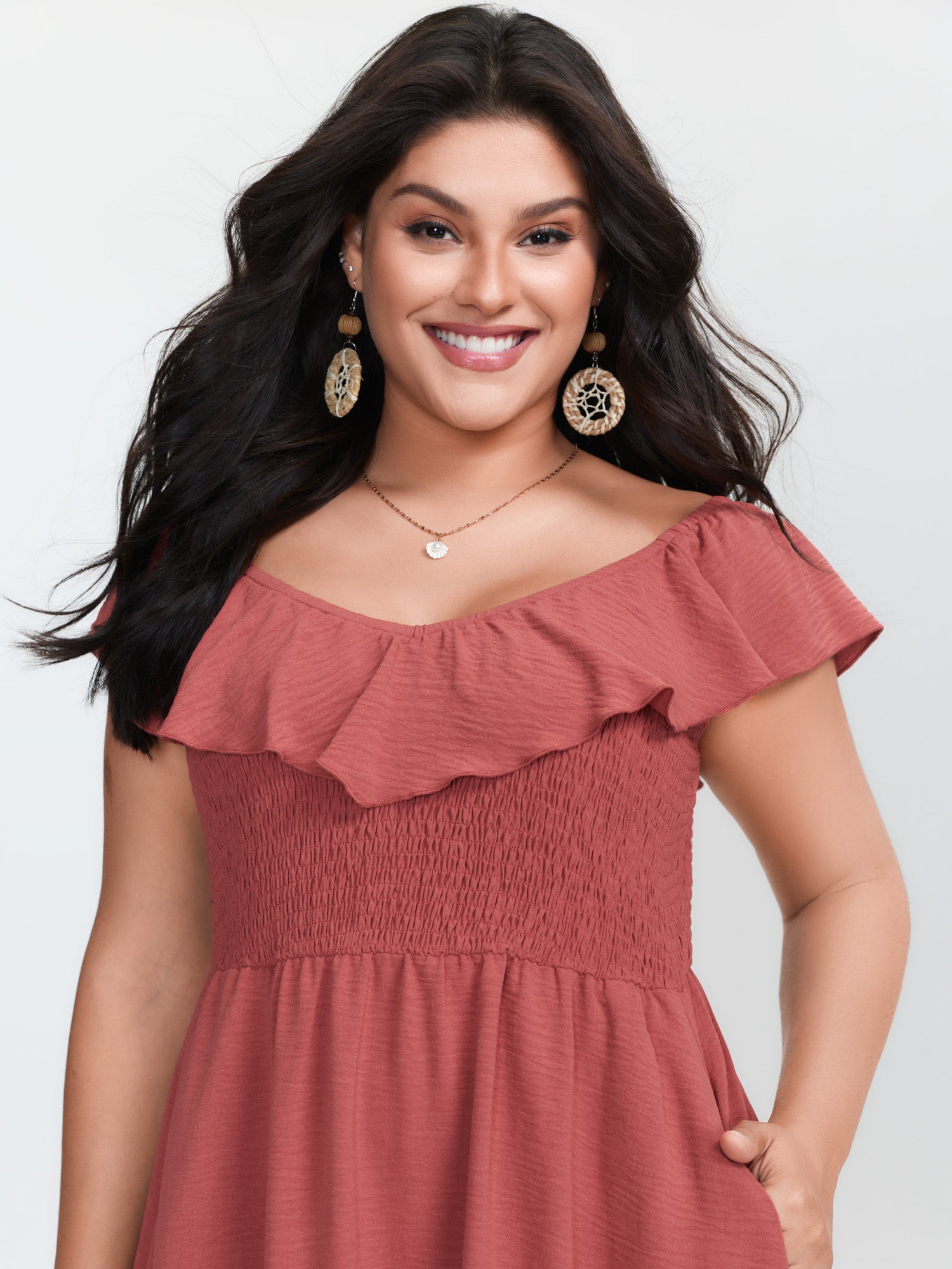 Ruffled Neckline Shirred Flowy Midi Dress