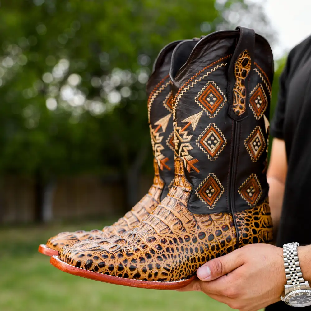 Honey Caiman Neck Leather Boots - Square Toe