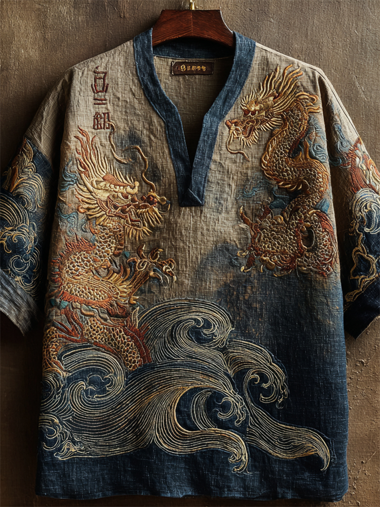Japanese Dragons Sea Waves Embroidered Ink Art Linen Shirt