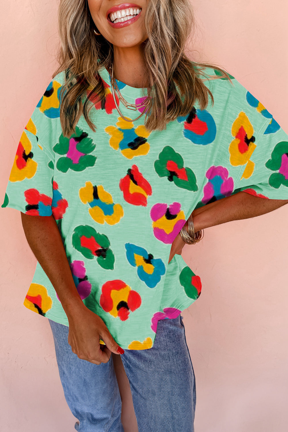 Green Leopard Drop Shoulder Oversize Tee