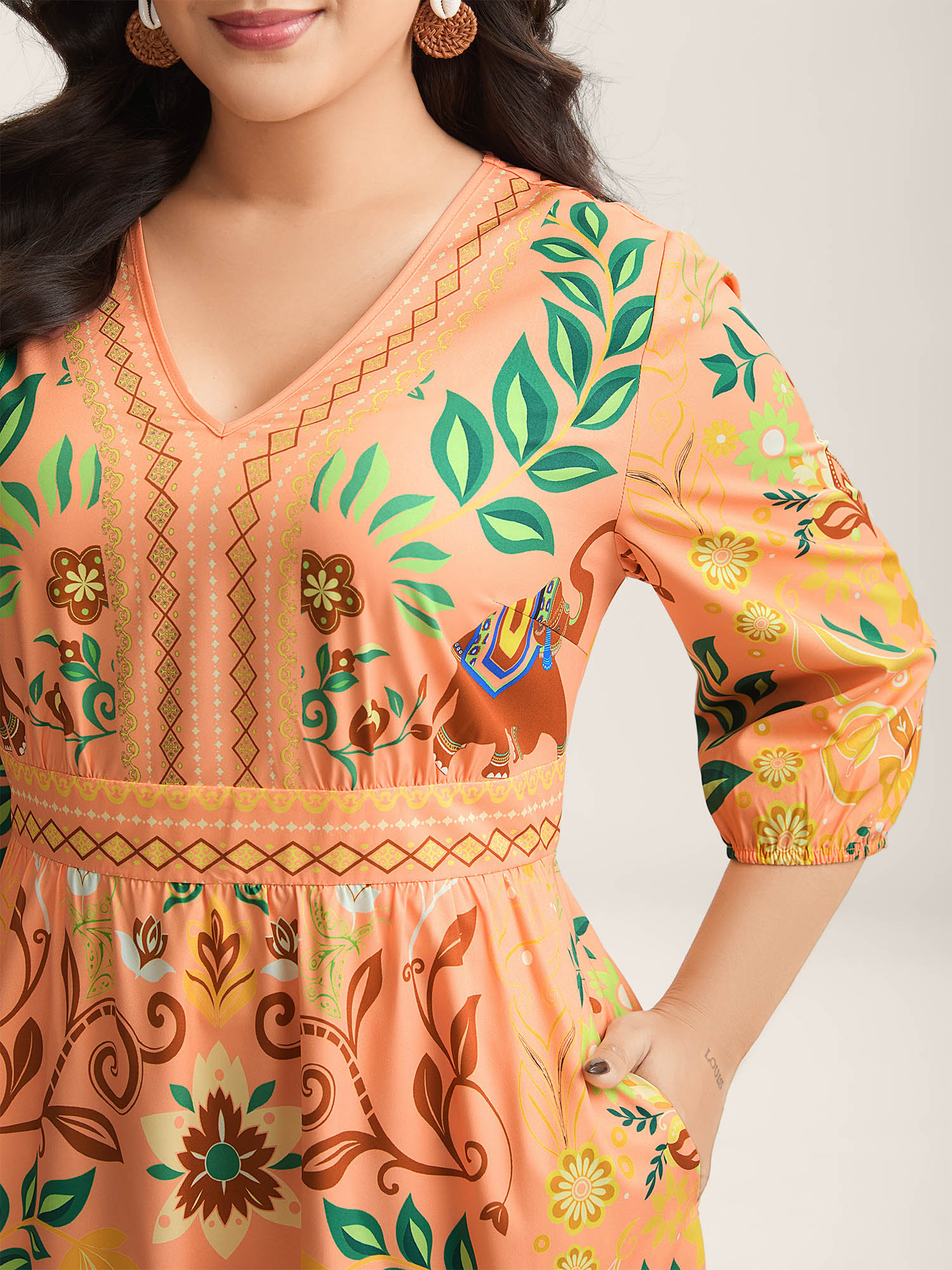 Boho Print V-Neck Pockets Mini Dress