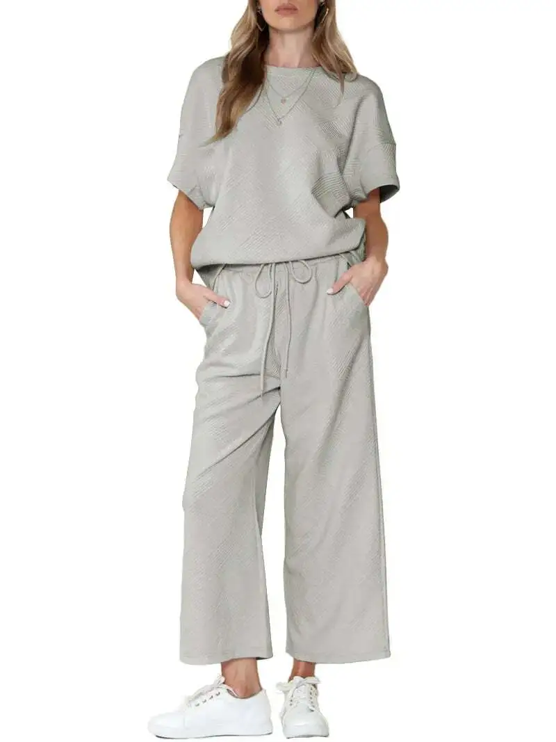 ⏰Women's Textured Loose Fit T Shirt and Drawstring Pants Casual Set