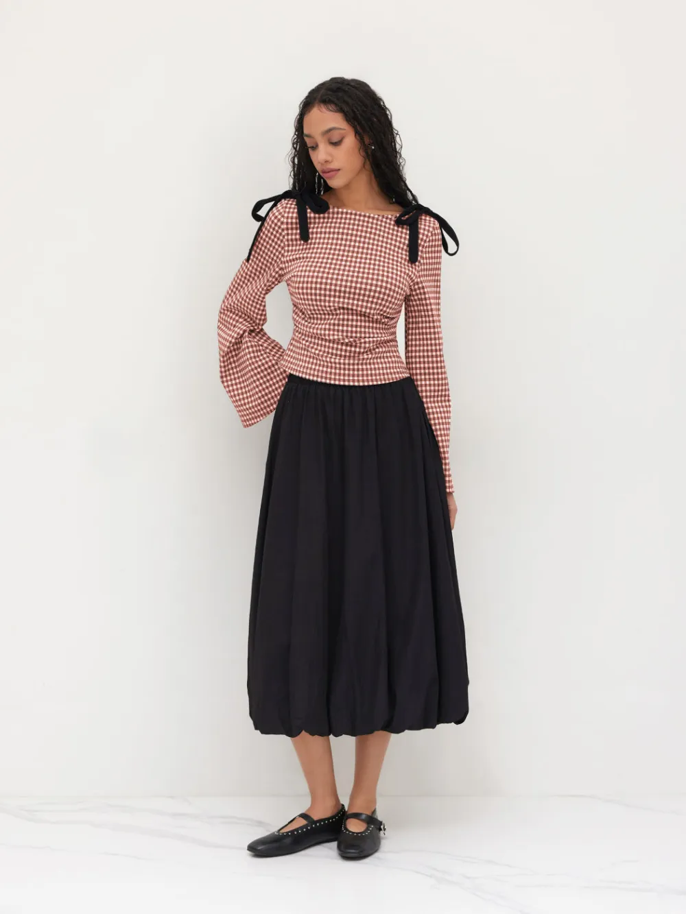 Boat Neck Gingham Bowknot Ruched Long Sleeve Top