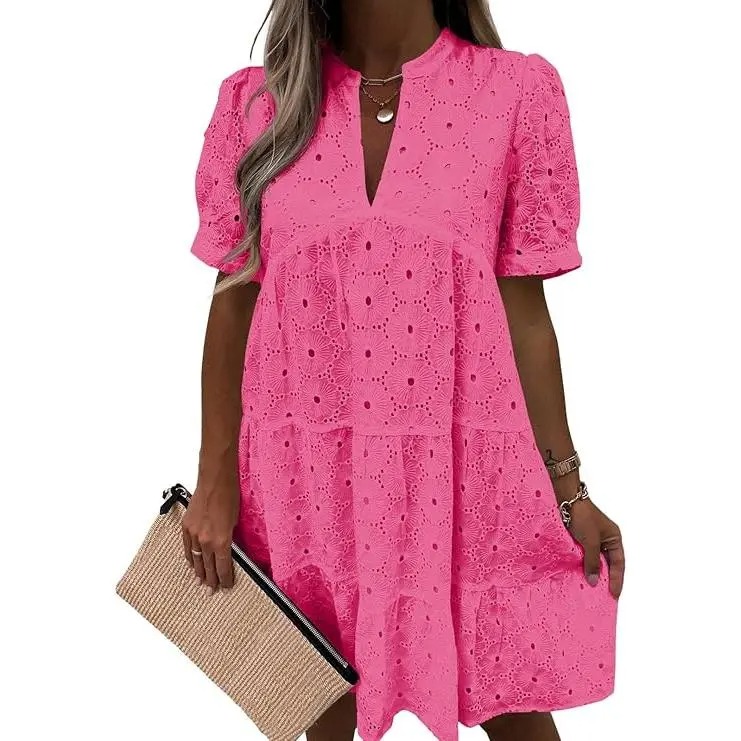 Women’s Eyelet Lace Summer Tunic Dress – Flowy V-Neck Babydoll Style