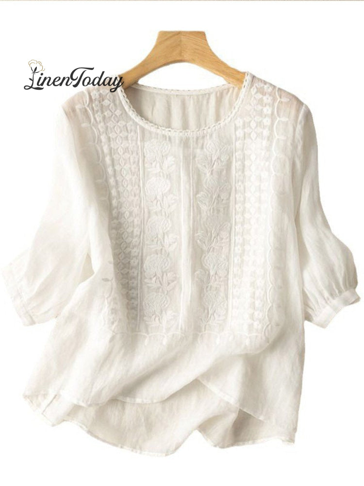 Women's Mid Sleeve Cotton And Linen Embroidery Blouse