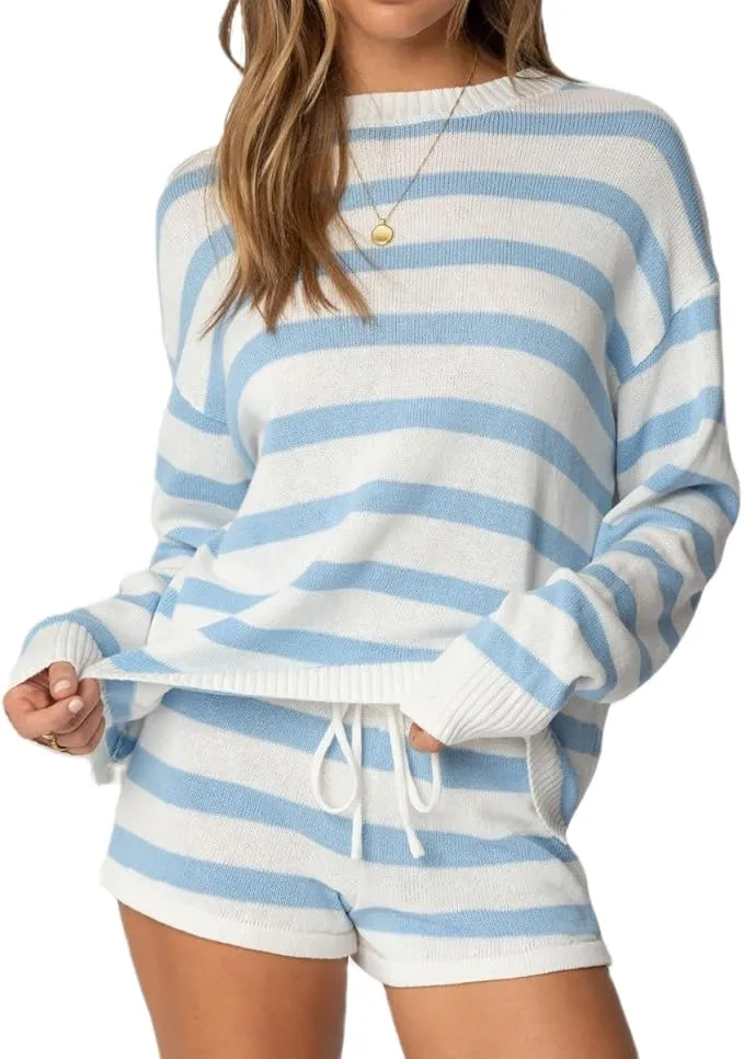 Women Striped Knit Sweater Set 2 Piece Outfit