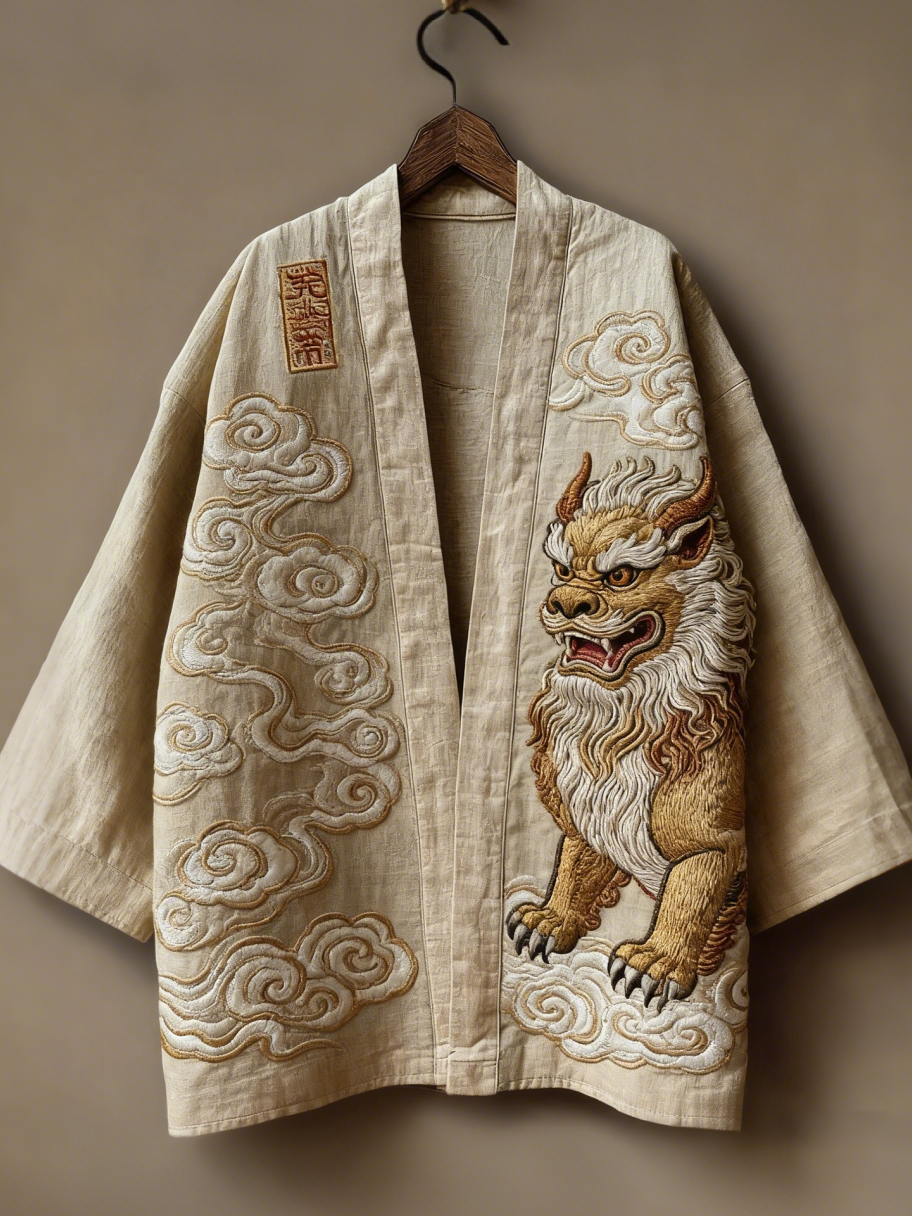 Retro Japanese Art Linen Blend Kimono Cardigan