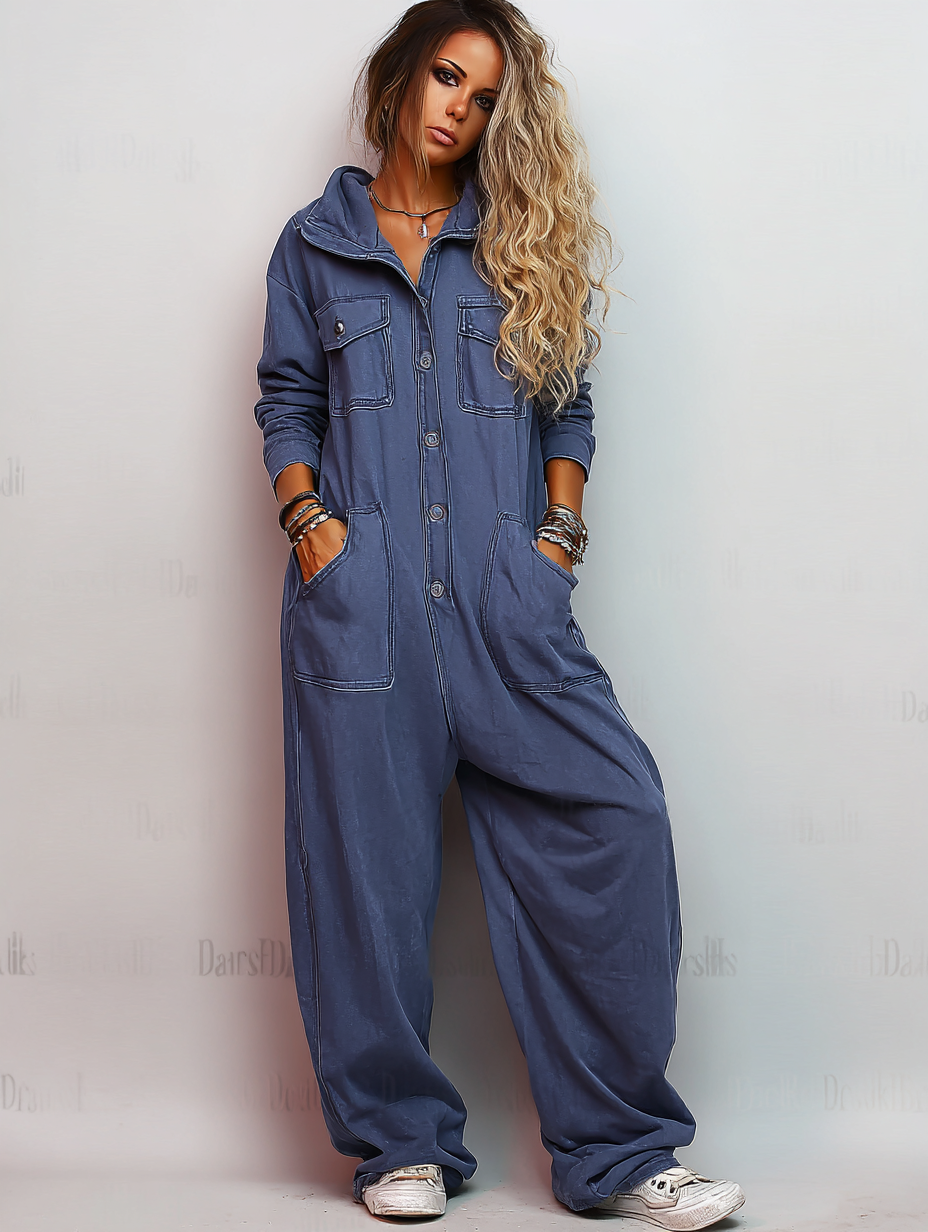 Women’s Hooded One Piece Denim Jumpsuit