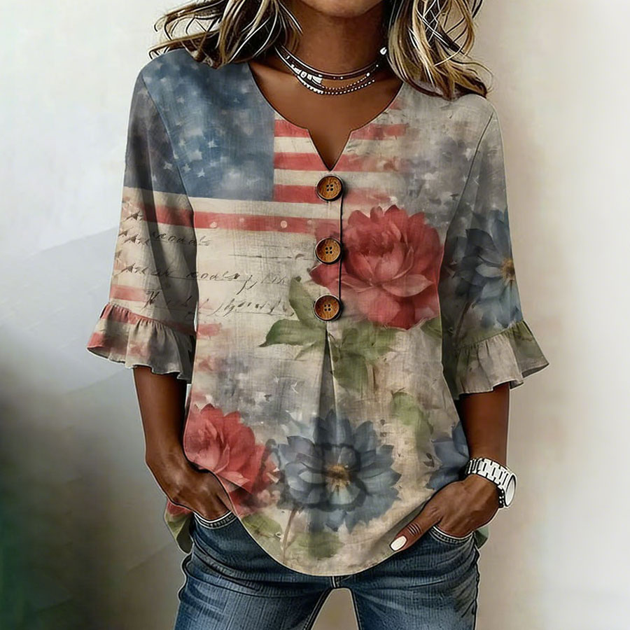 Women'S Independence Day 250Th Anniversary Flag Flower Art Retro Printed Casual Top