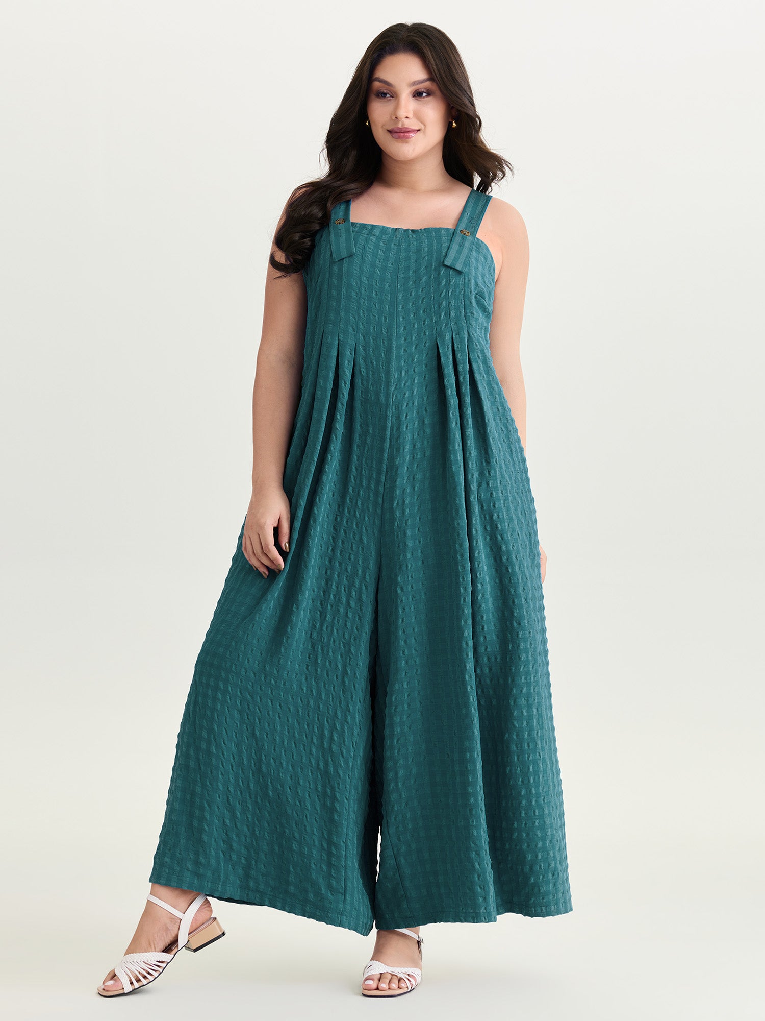 Check Print Pleated Adjustable Overall Jumpsuit