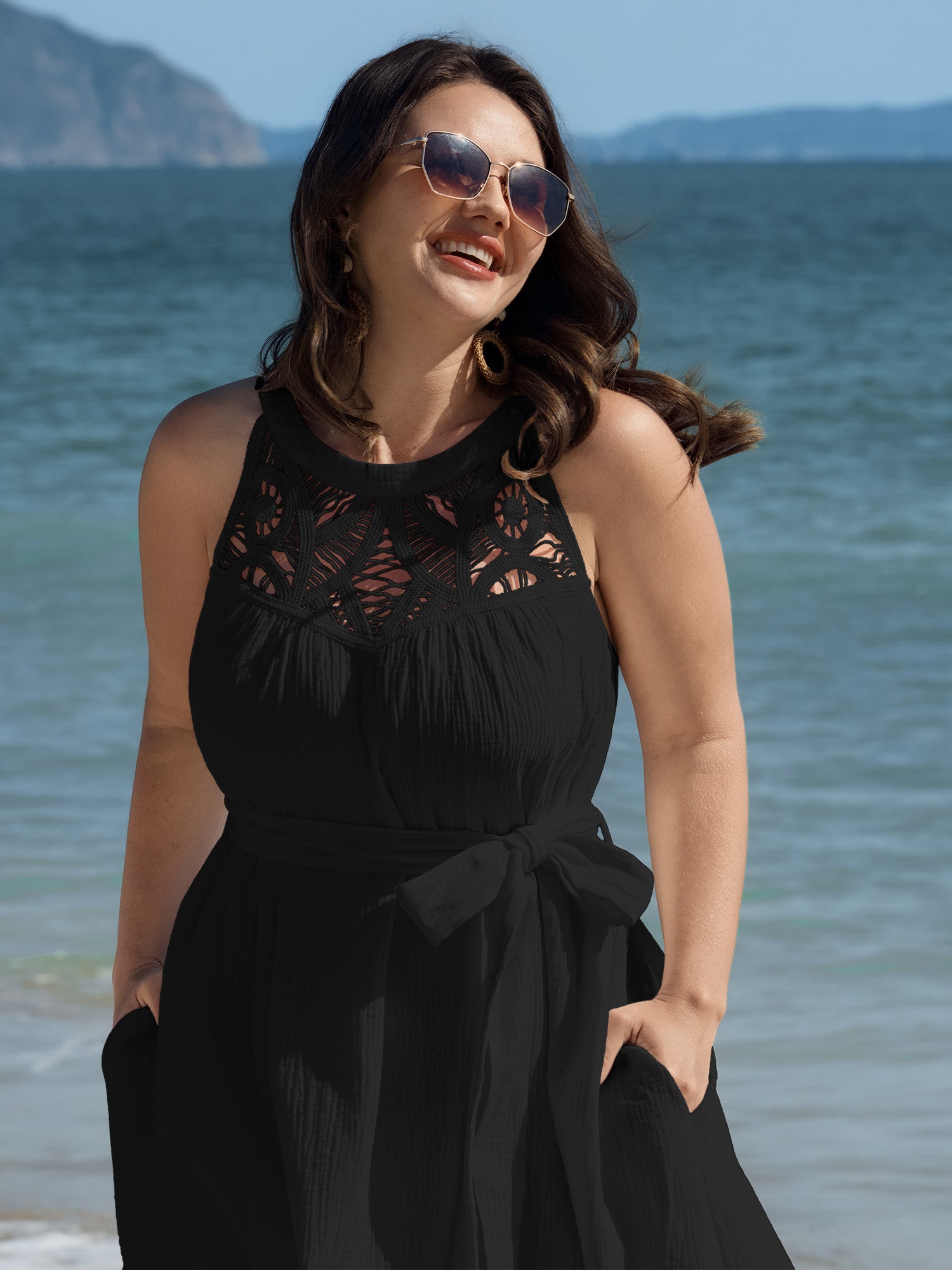 Cotton Sheer Lace Neckline Waist-Tie Maxi Dress