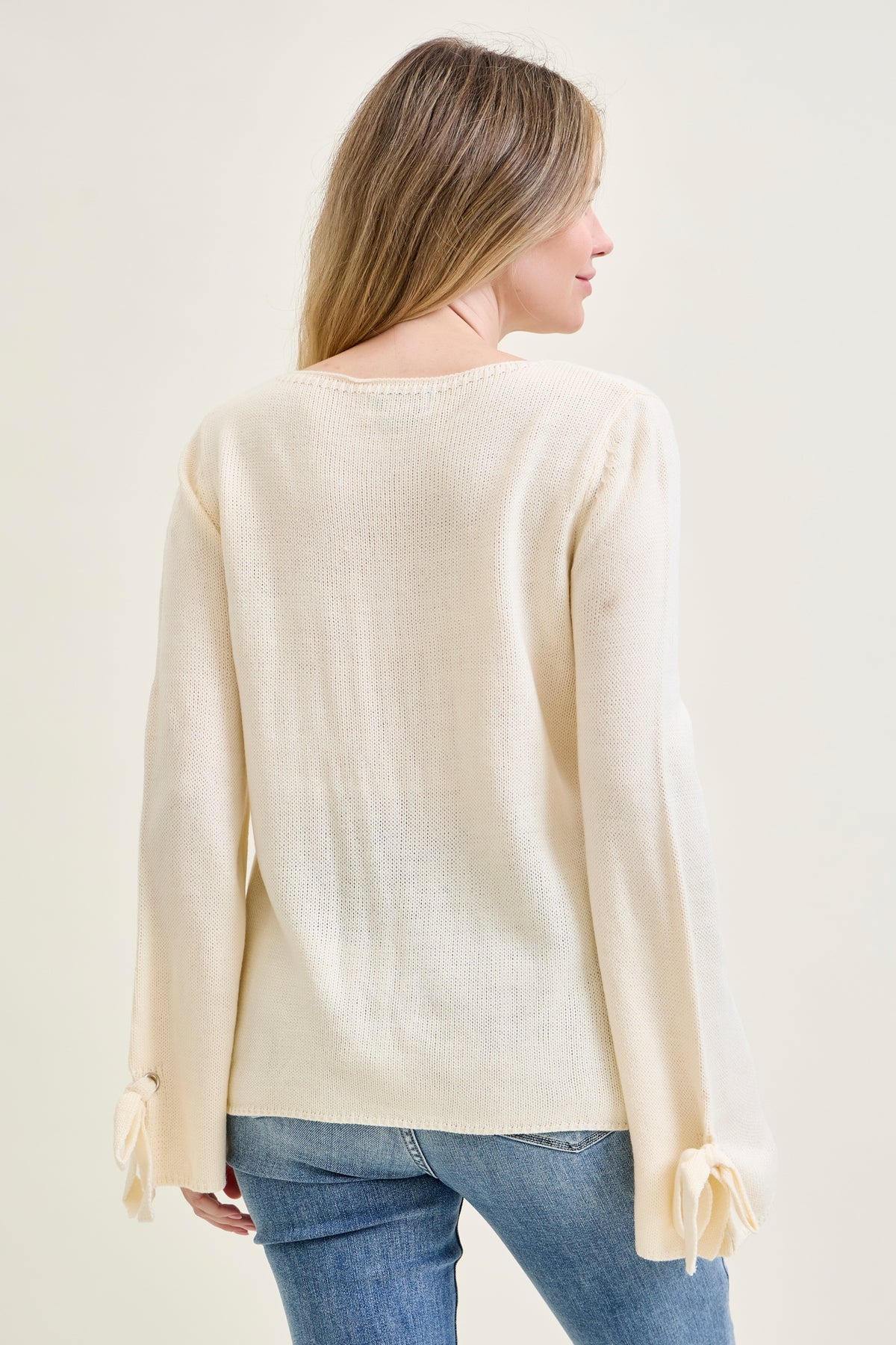 Tie Sleeve Pullover White Sweater