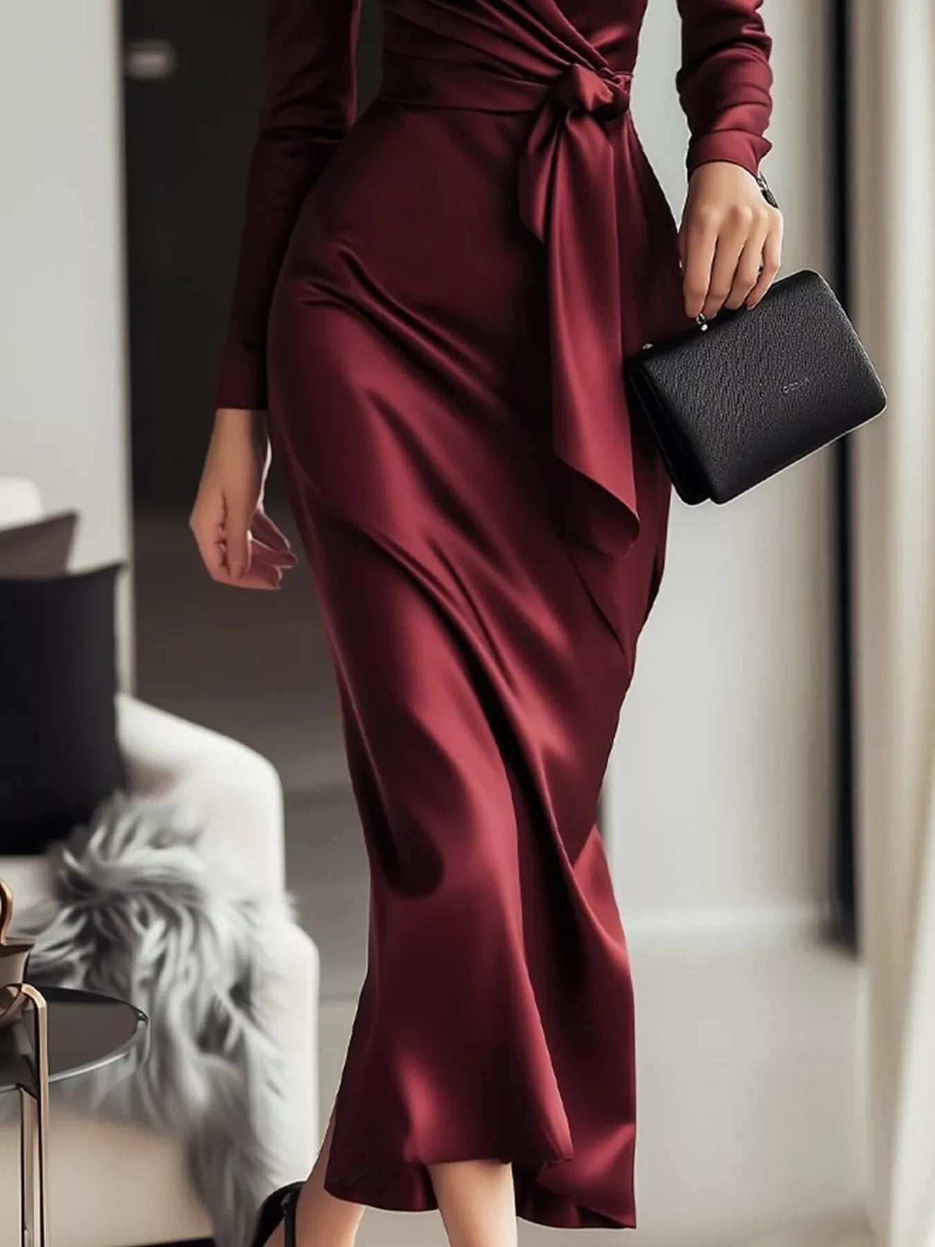 Satin Wrap Long Sleeve Midi Dress
