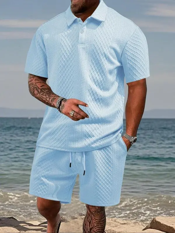 🔥 8-Set Men's Textured Polo & Shorts Sets – Casual Summer Two-Piece Outfits