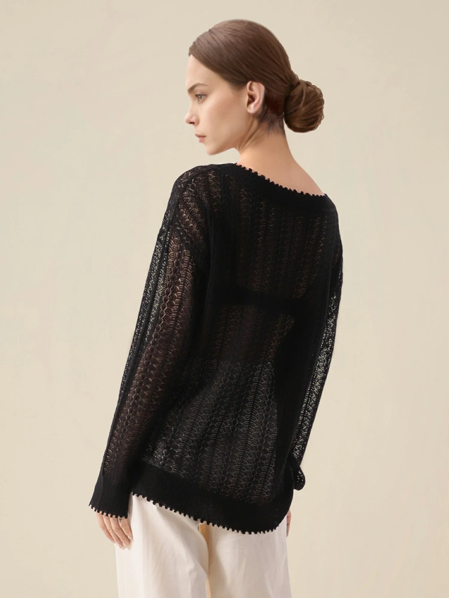 Linen & Lyocell Round Neck Hollow Top