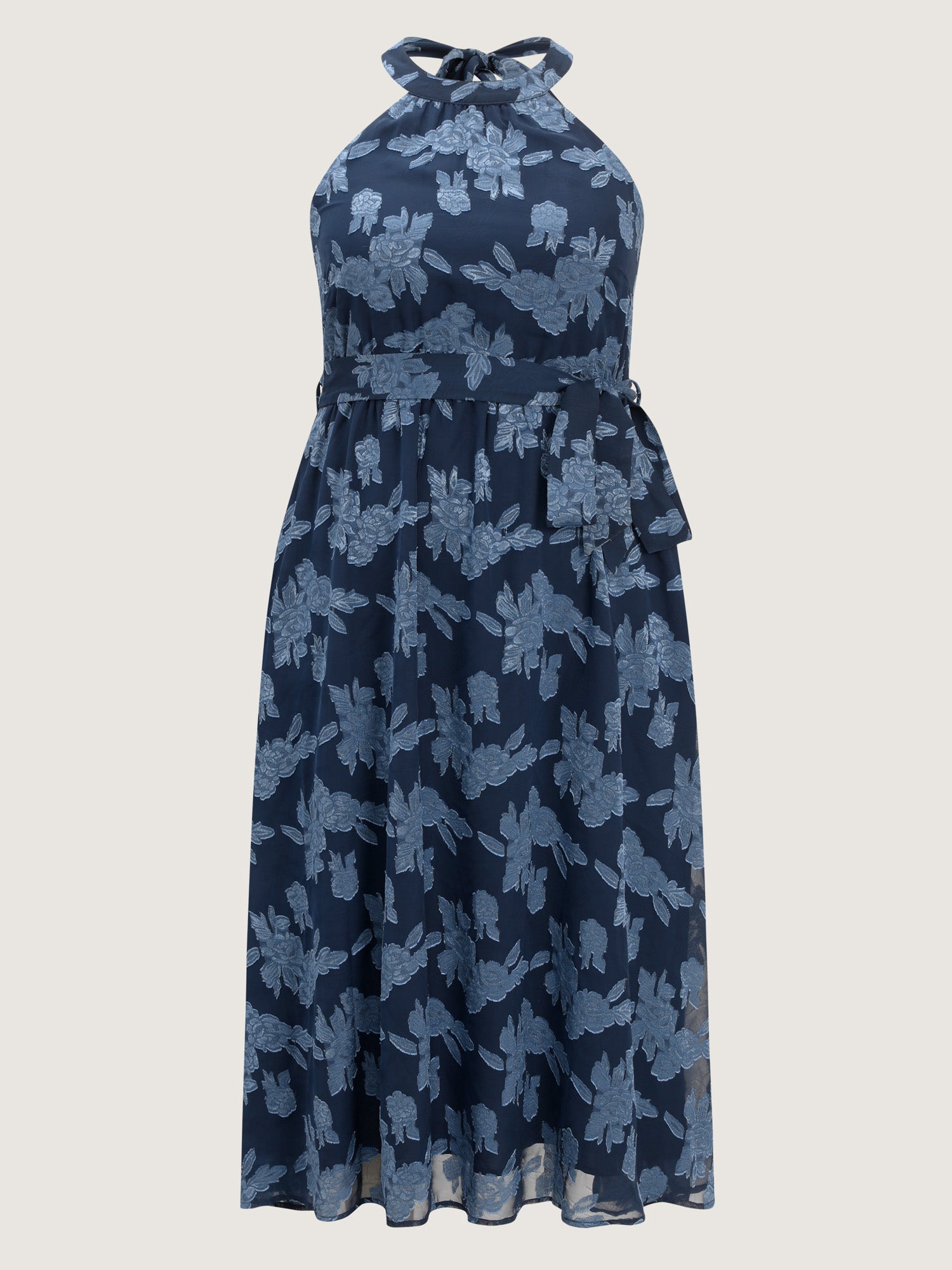 Chiffon Jacquard Halter Neck-Tie Maxi Dress