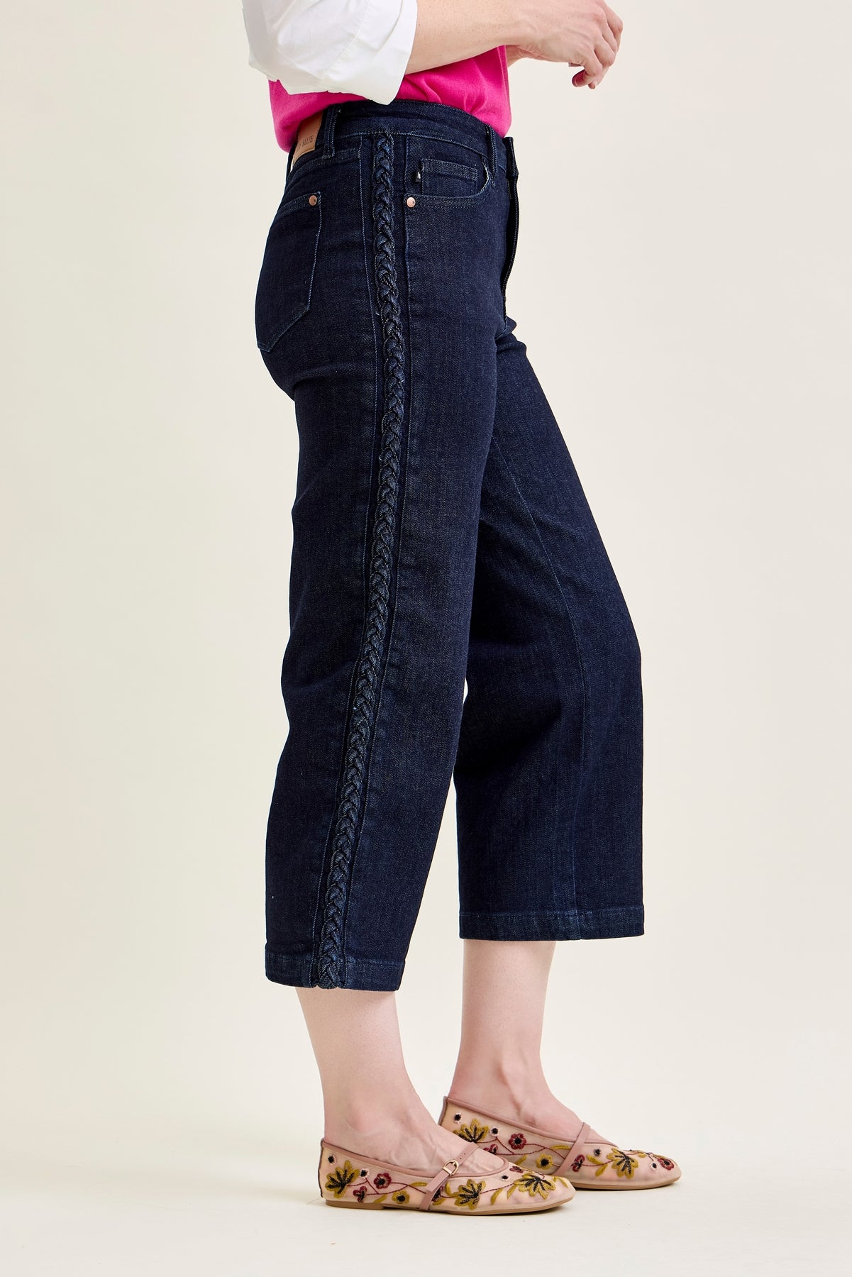 Dottie Side Seam Braid Cropped Wide Leg Jeans