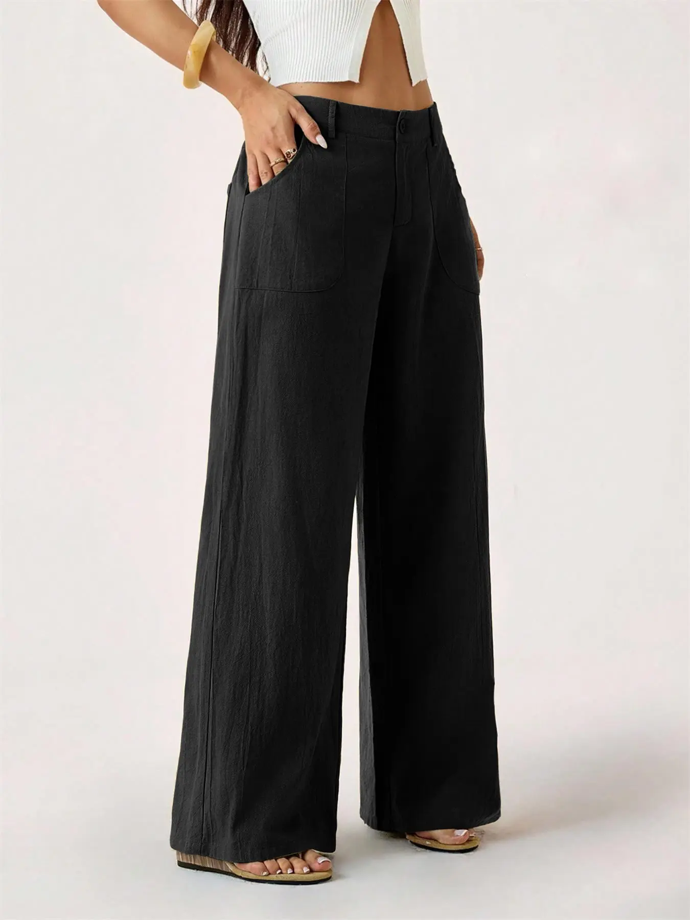 Women's Classical Linen Palazzo Pants Summer Flowy Wide Straight Leg Beach Trousers With Pocket Casual Solid Color Soft Elastic High Waist Lounge Pants Travel Vacation Bottoms Date Brunch Home Work Streetwear Outfit