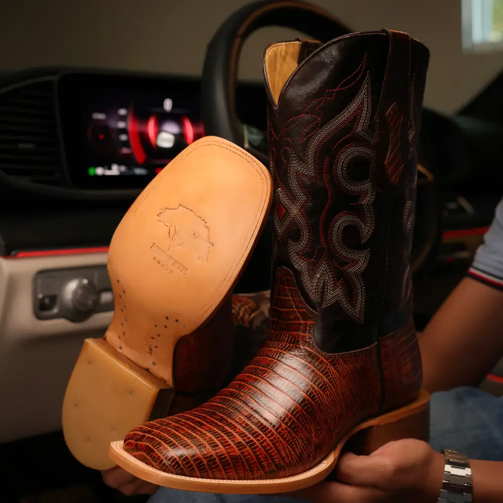 Cognac Lizard Leather Boots — Square Toe