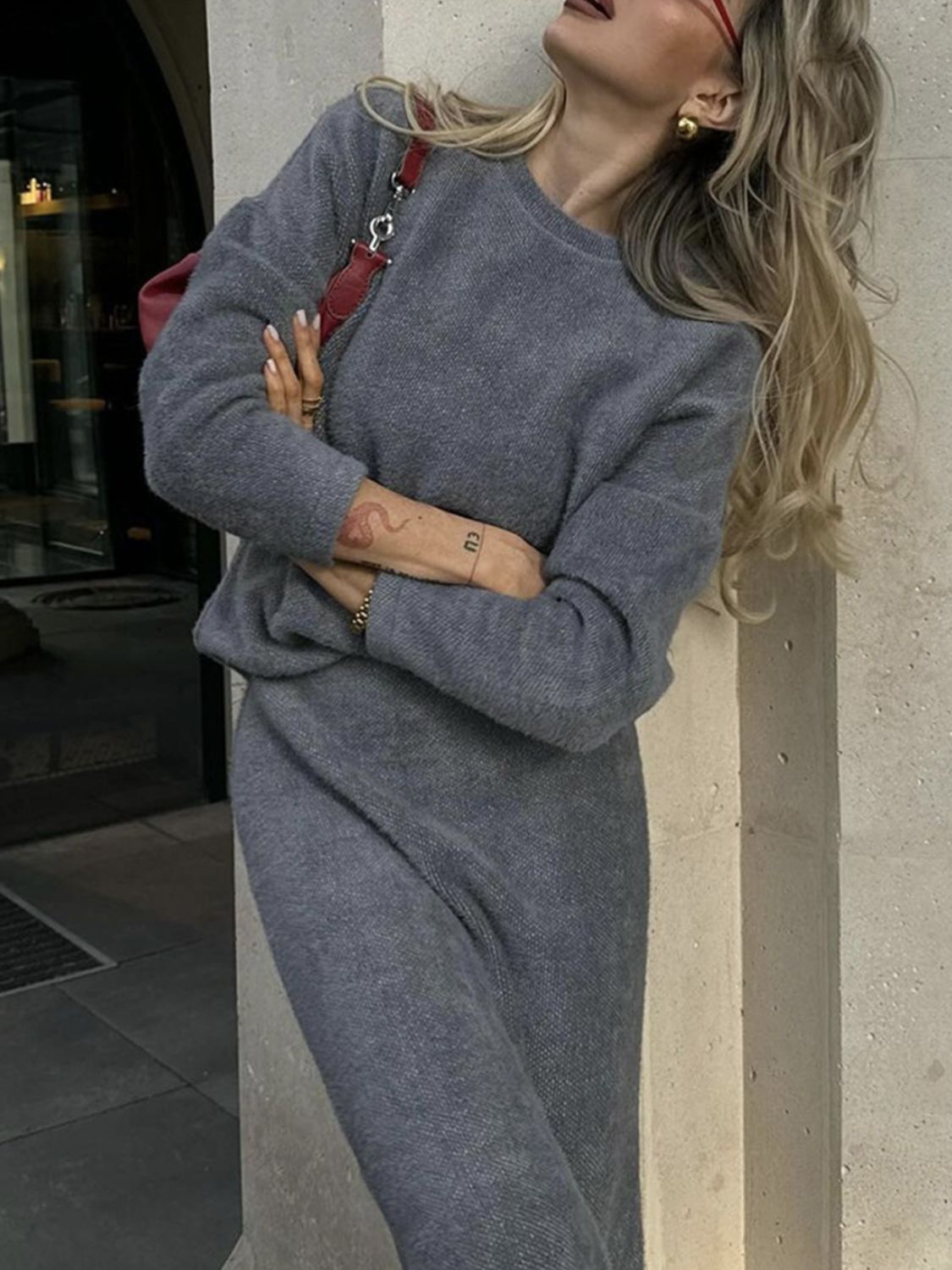 Round Neck Dropped Shoulder Top And Midi Skirt Sweater Set