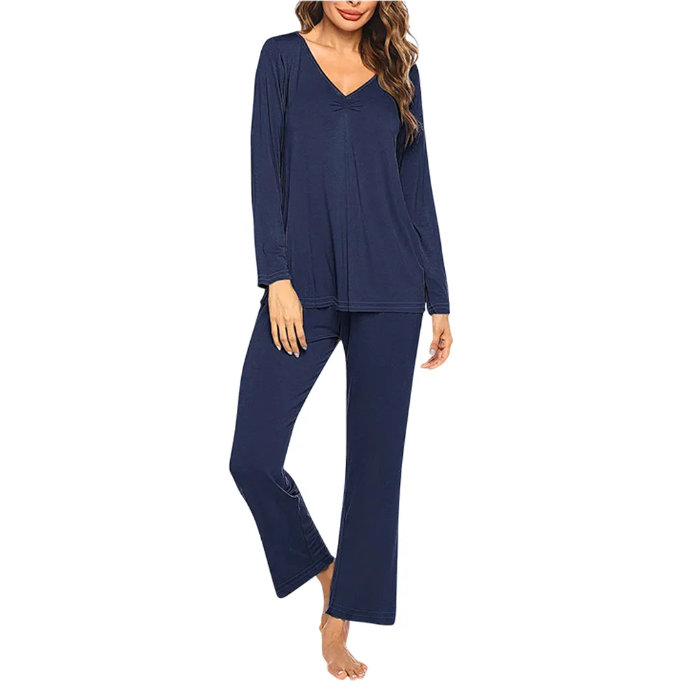 Women's V-neck long-sleeved top + trousers casual two-piece set