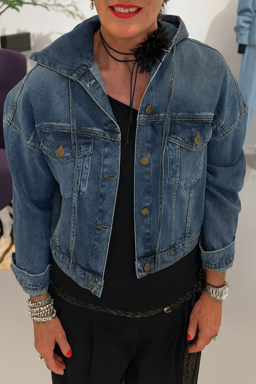 Women Round Neck Hooded Denim Splicing Casual Jacket