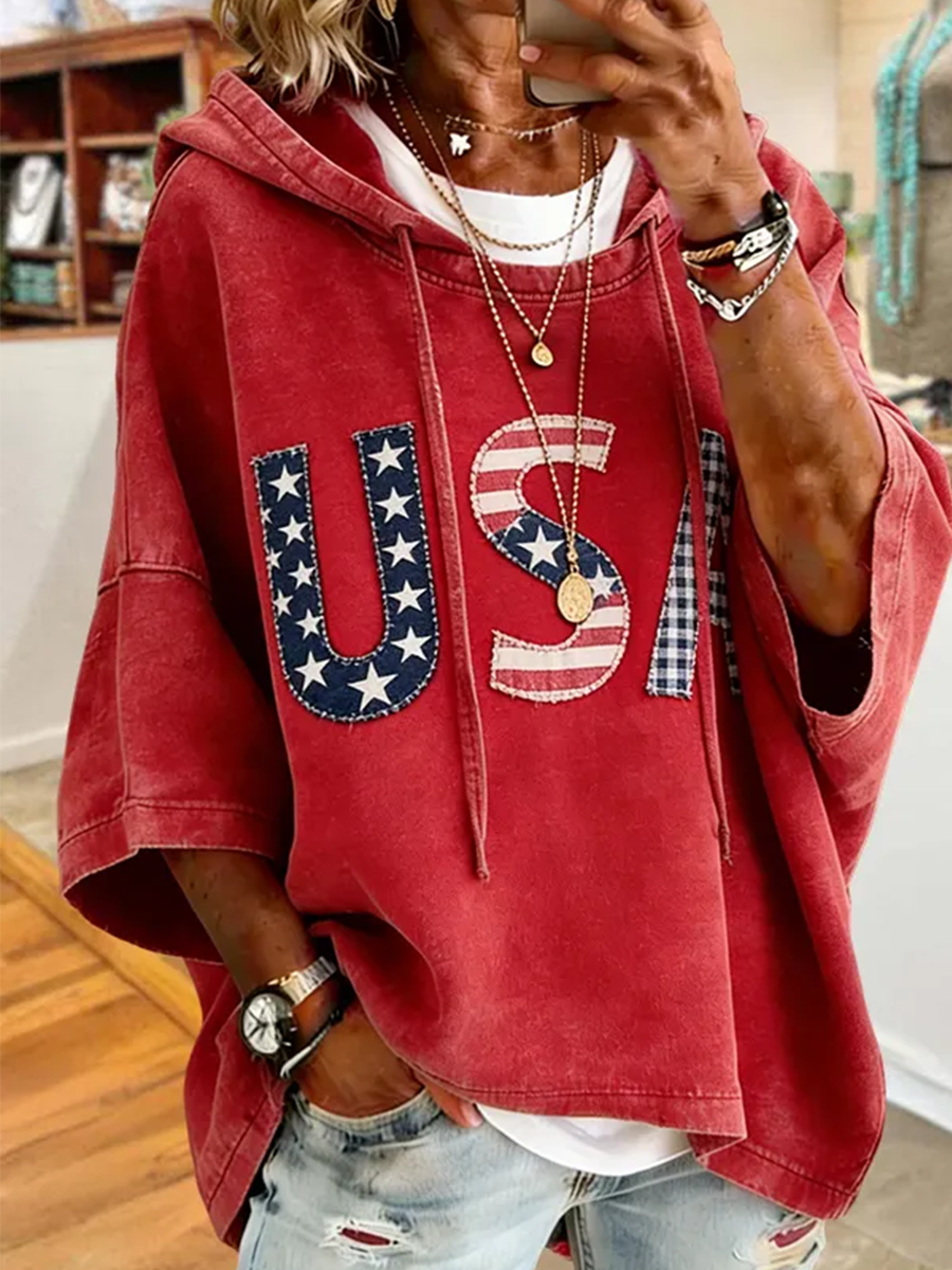 Patriotic Red USA Star Stripe Applique Oversized Hoodie