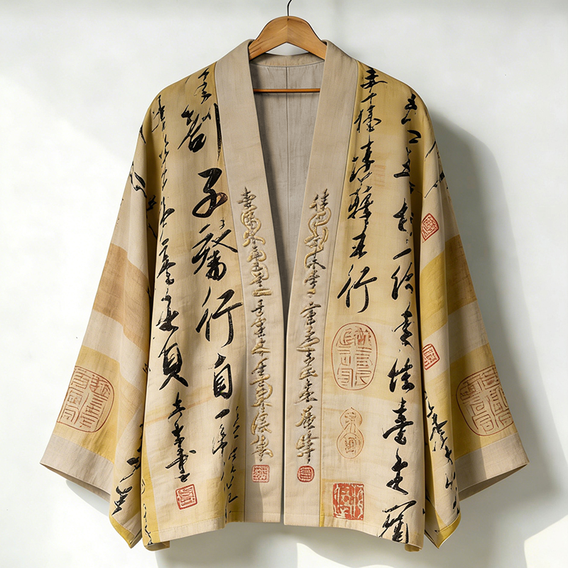 Men's Retro Calligraphy Art Print Linen Kimono