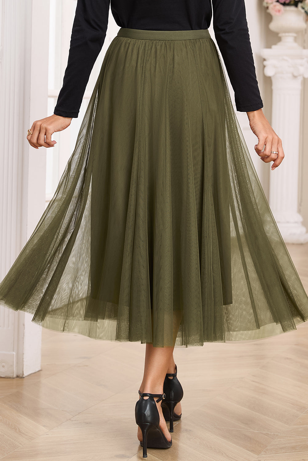 Jungle Green Tulle Mesh Overlay Flared Midi Skirt