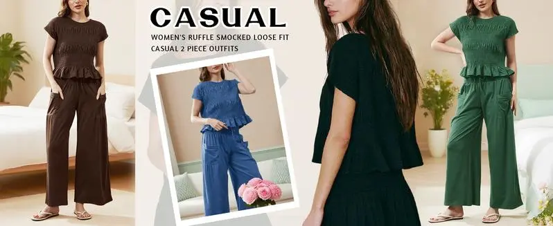 Casual Boho Matching Set Smocked Top & Wide-Leg Pants