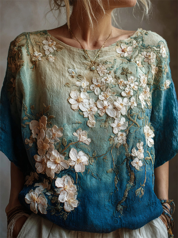 Oil Painting Almond Blossom Embroidered Gradient Linen Tunic