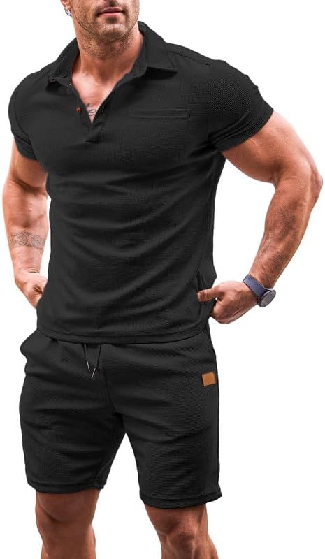 Mens 2 Piece Outfits Tracksuits Casual 1/4 Button Up Knit Polo Shirts and Drawstring Short Sets Summer Sweatsuits