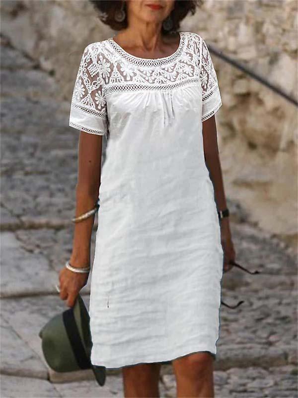 Women Round neck short sleeve embroidered hollow cotton and linen dress