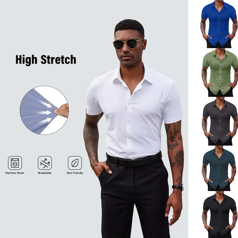 Alimens&Gentle Stretch Dress Shirts For Men Short Sleeve Slim Fit Casual Button Down Shirts Muscle Fit Men'S Dress Shirts