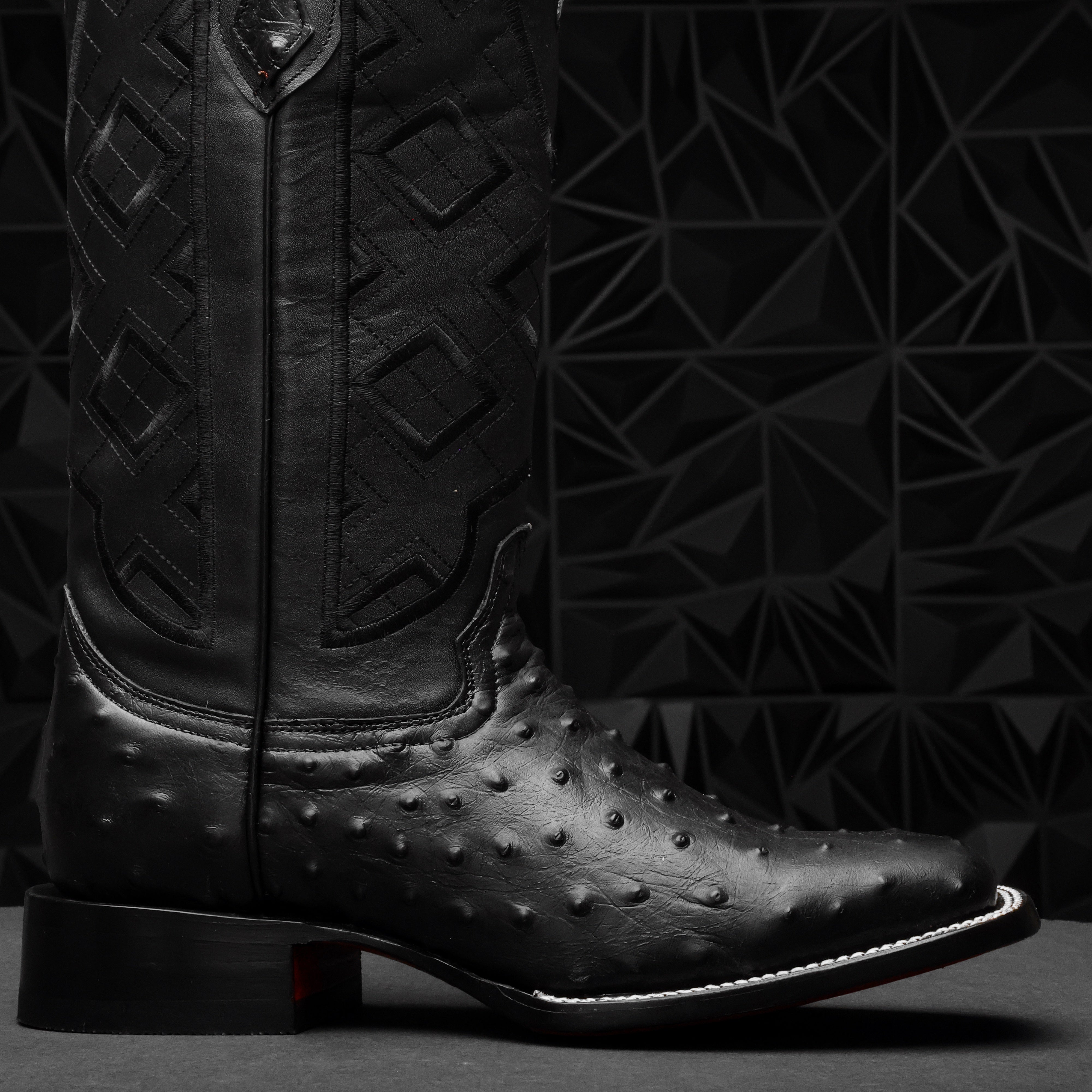 Black Ostrich Leather Boots - Square Toe