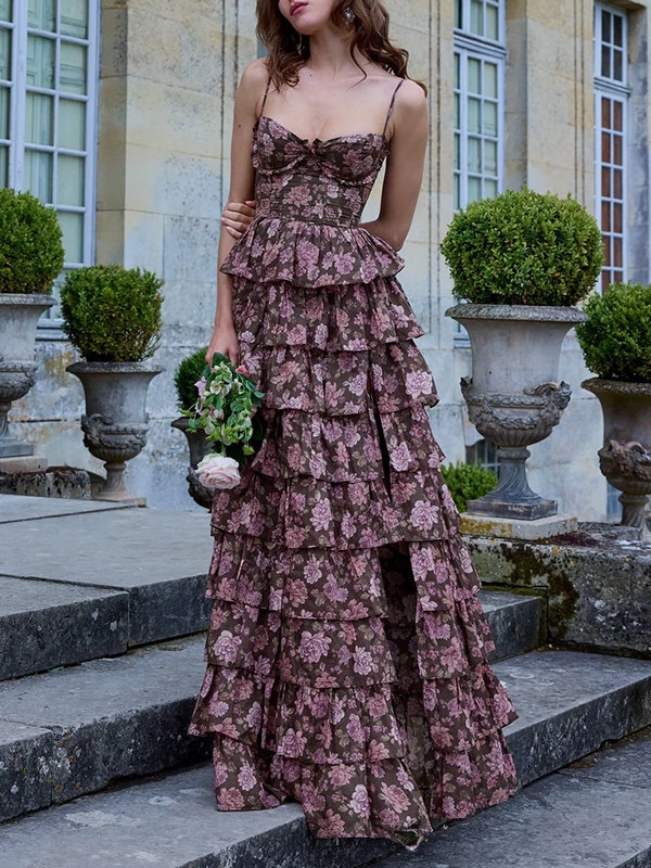 Flower Printed Ruffled Sleevless Spaghetti-Neck Split-Side Maxi Dresses