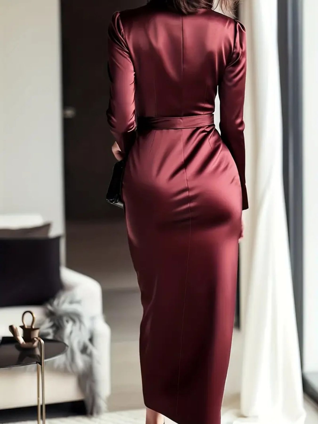 Satin Tie Waist Long Sleeve Dress