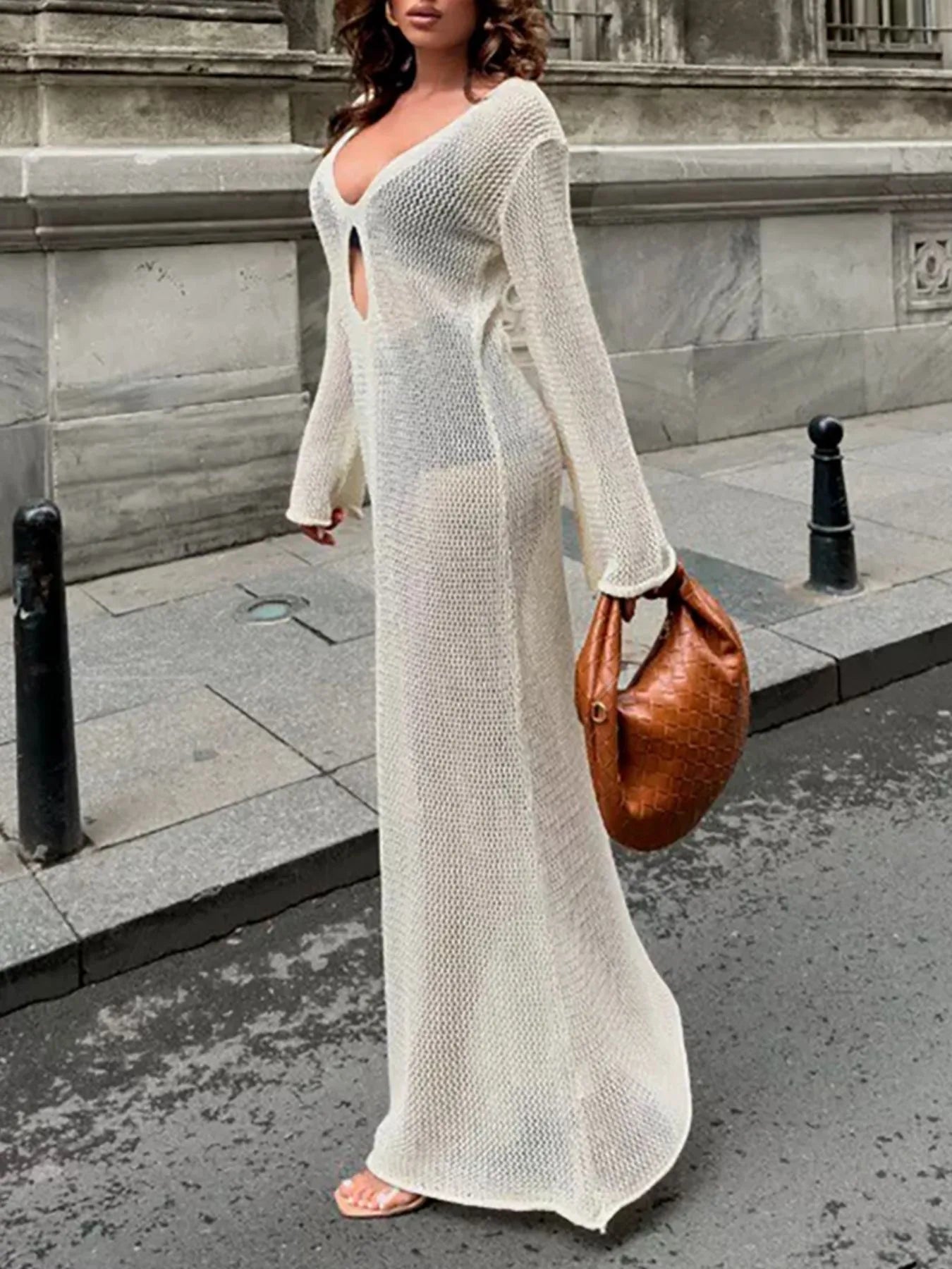 Cutout Long Sleeve Knit Cover-Up Maxi Dress