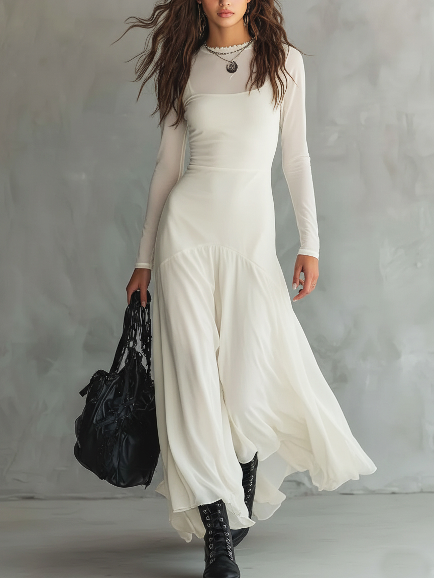 Elegant Mesh Sheer Multi-layered Stretch Maxi Dress