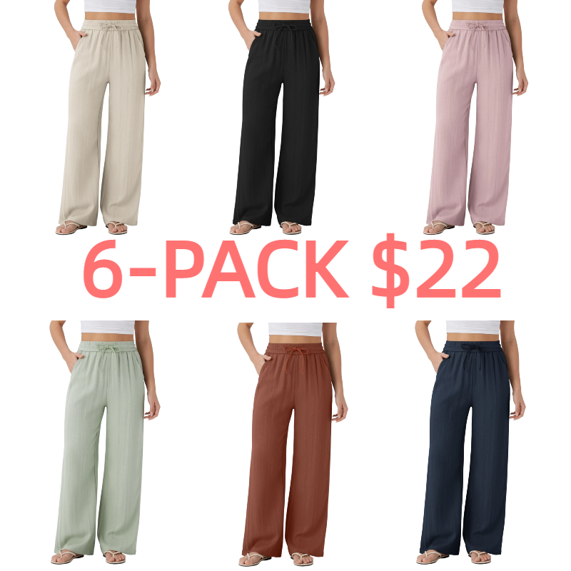 High Waisted Drawstring Pocket Wide Leg Casual Linen-Feel Pants