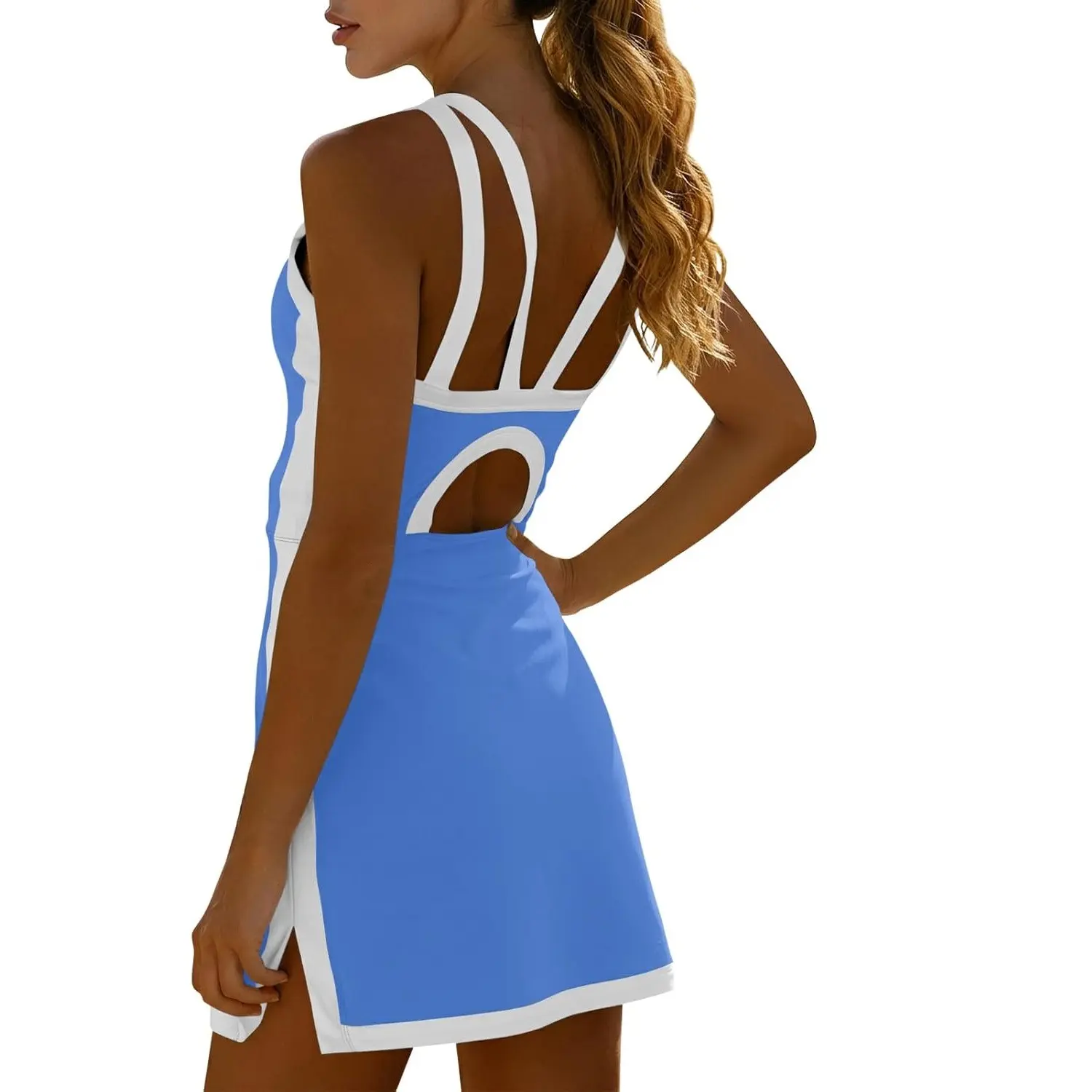 women's sleeveless halter tennis dress with white piping, open back design, and stylish cutout details at the back, perfect for sports or casual wear